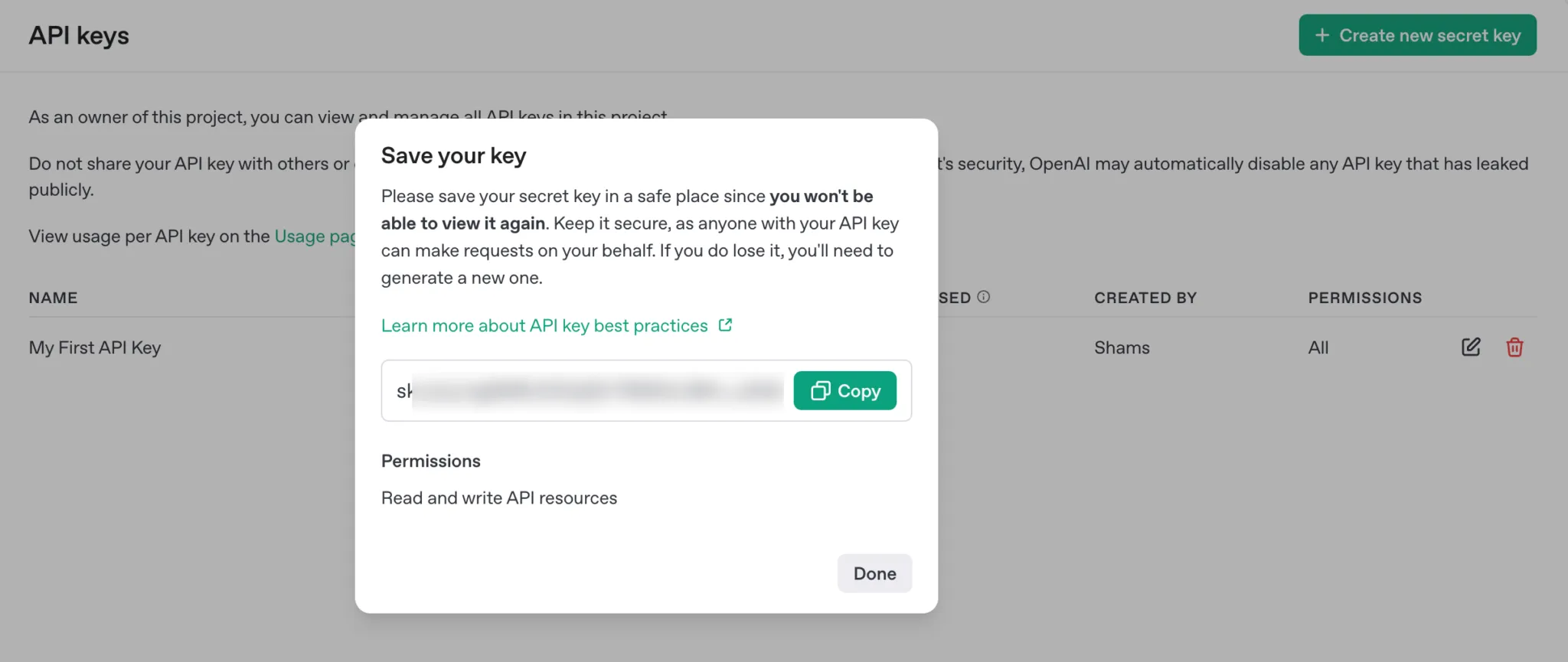 Copying the generated API key