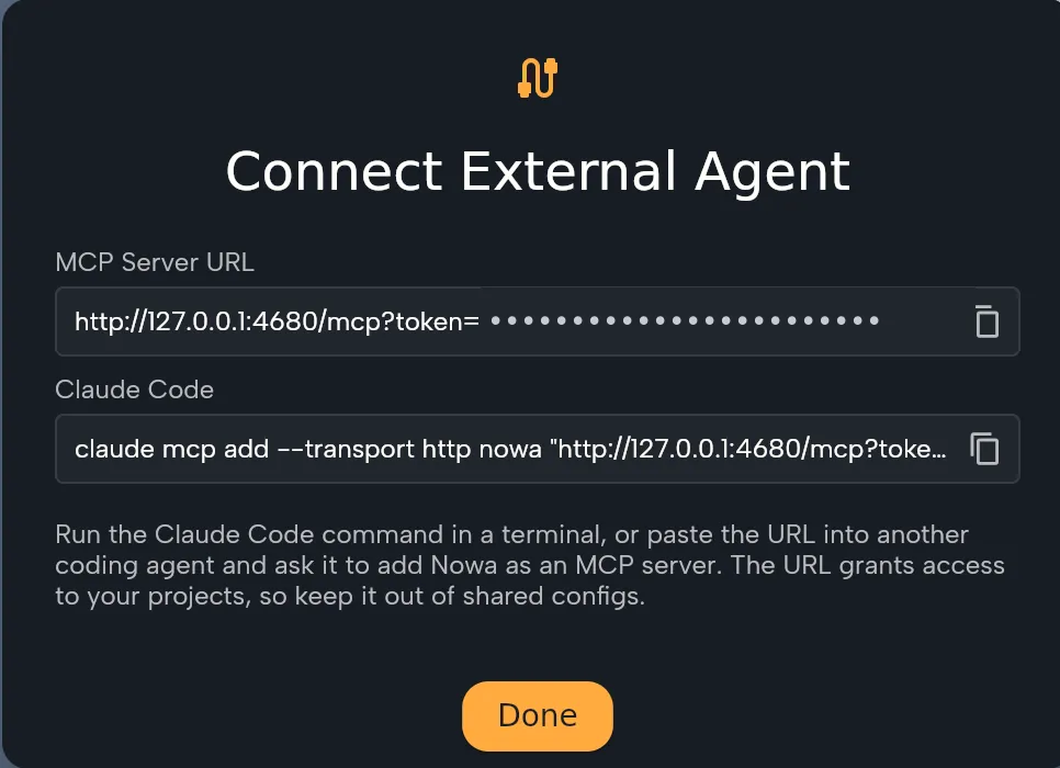 Nowa's Connect External Agent dialog, showing the local MCP server URL and a one-line command to add Nowa to Claude Code