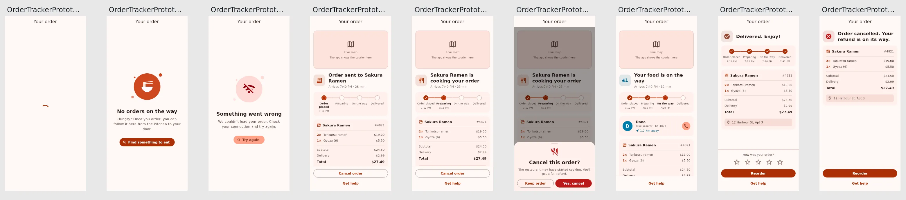 The Bite order tracker on a board in Nowa: the same widget rendered as nine phone screens, from loading and failed to on the way, delivered and cancelled, each fed different mock data