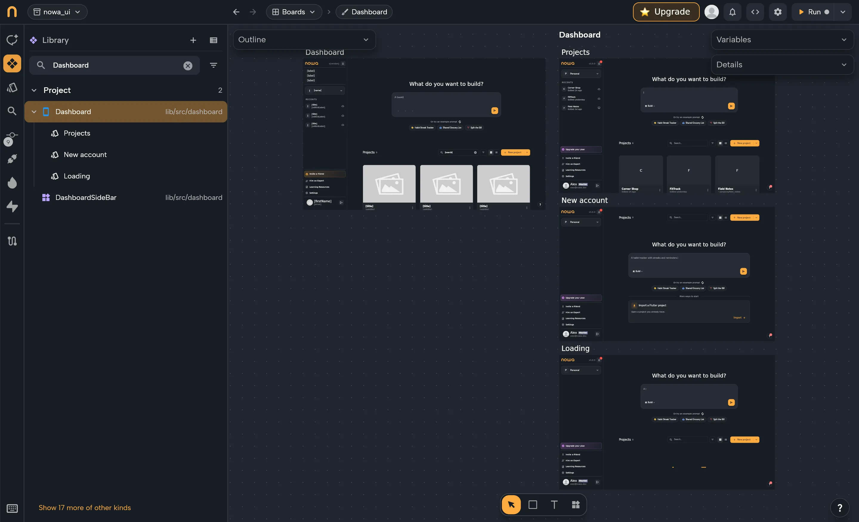 Nowa's own dashboard open in Nowa: the Library lists its three states, Projects, New account and Loading, and the canvas renders each one with mock data
