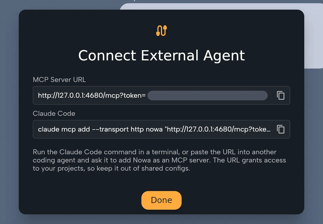 Nowa's Connect External Agent dialog: the MCP server URL, with its access token hidden here, and a ready-made Claude Code command