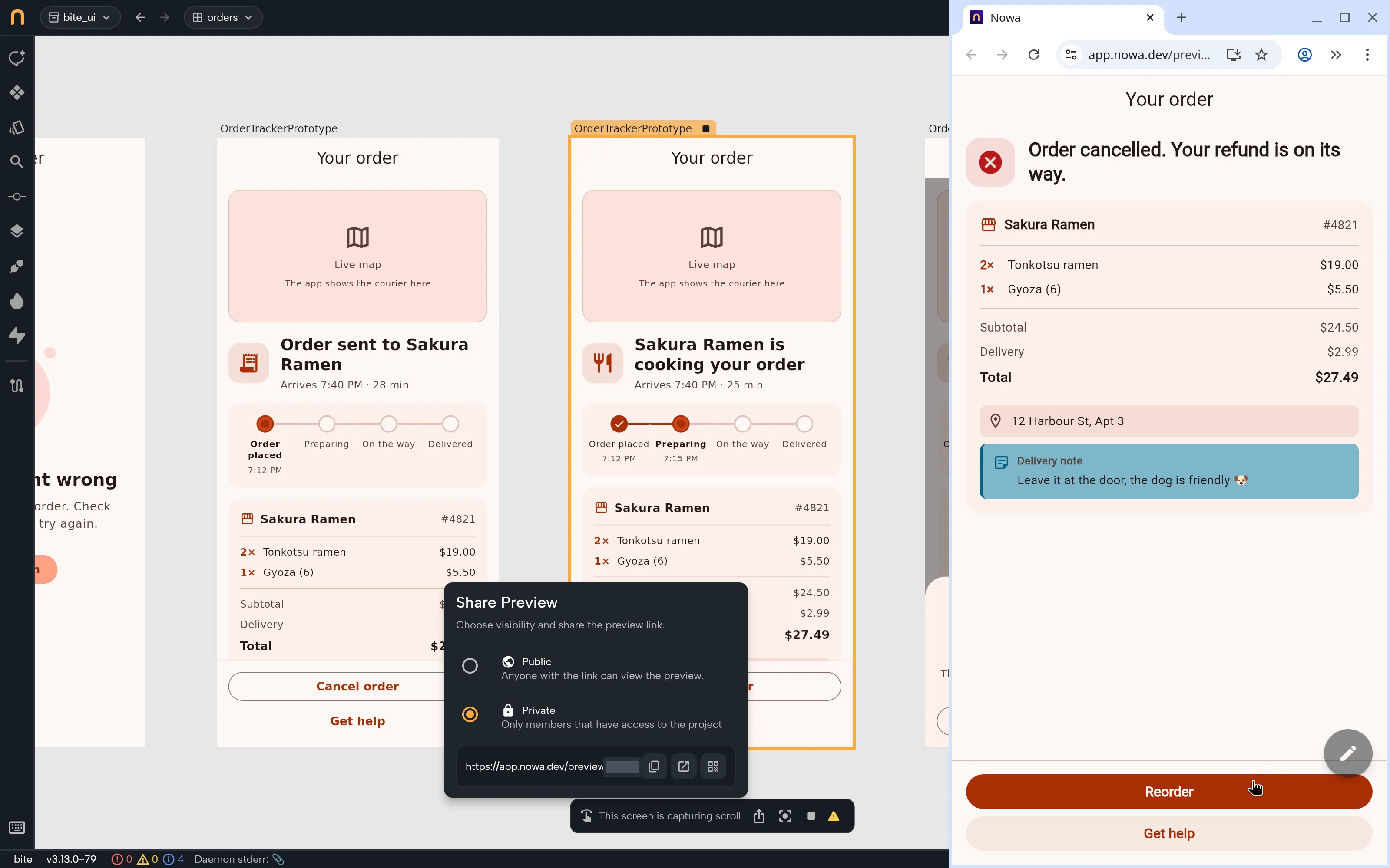 Nowa's Share Preview dialog with the private option selected, next to the shared link open in a browser, where the prototype runs on its own