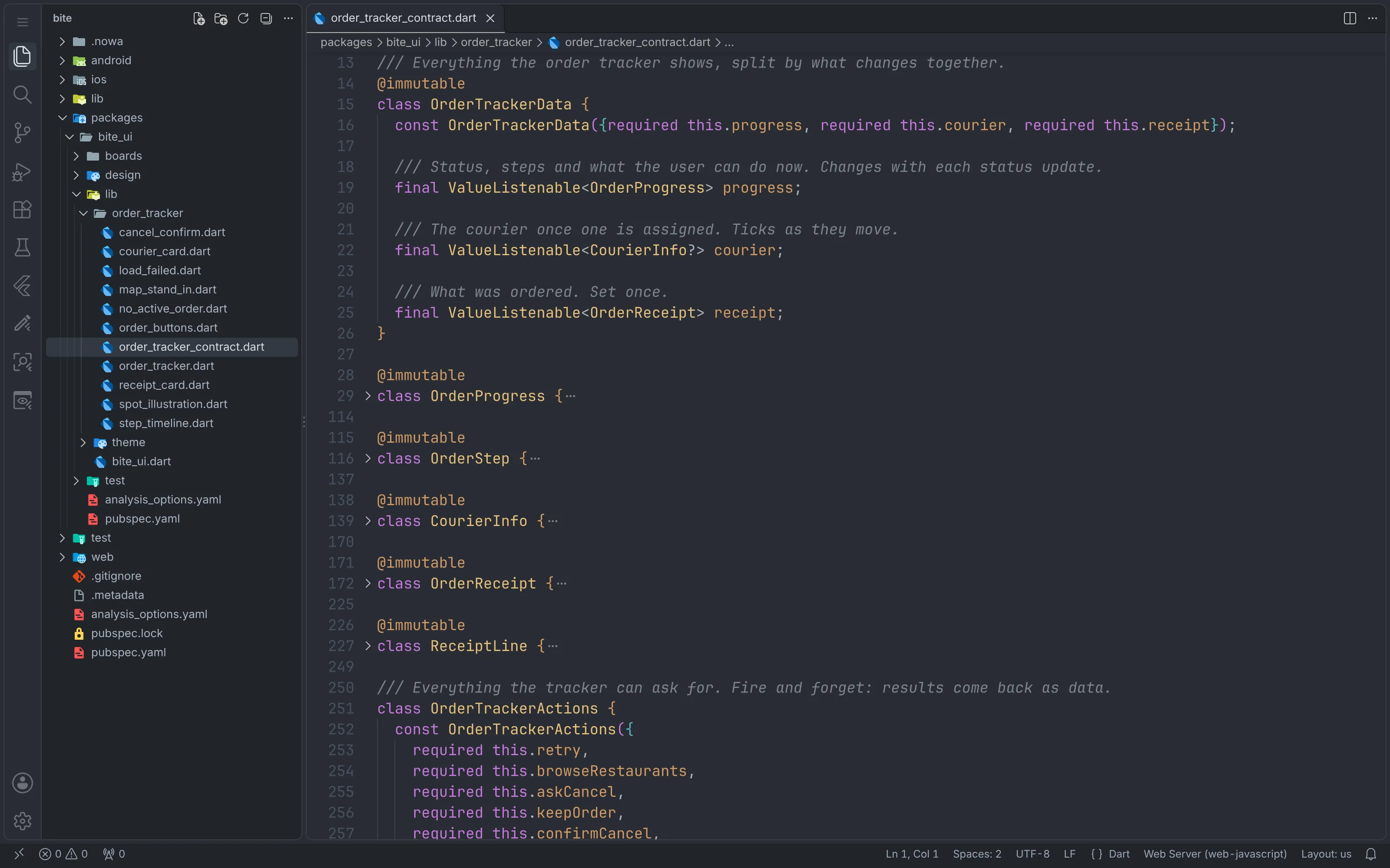 VS Code showing order_tracker_contract.dart: the data the tracker shows, split into progress, courier and receipt, and the start of the actions the user can take