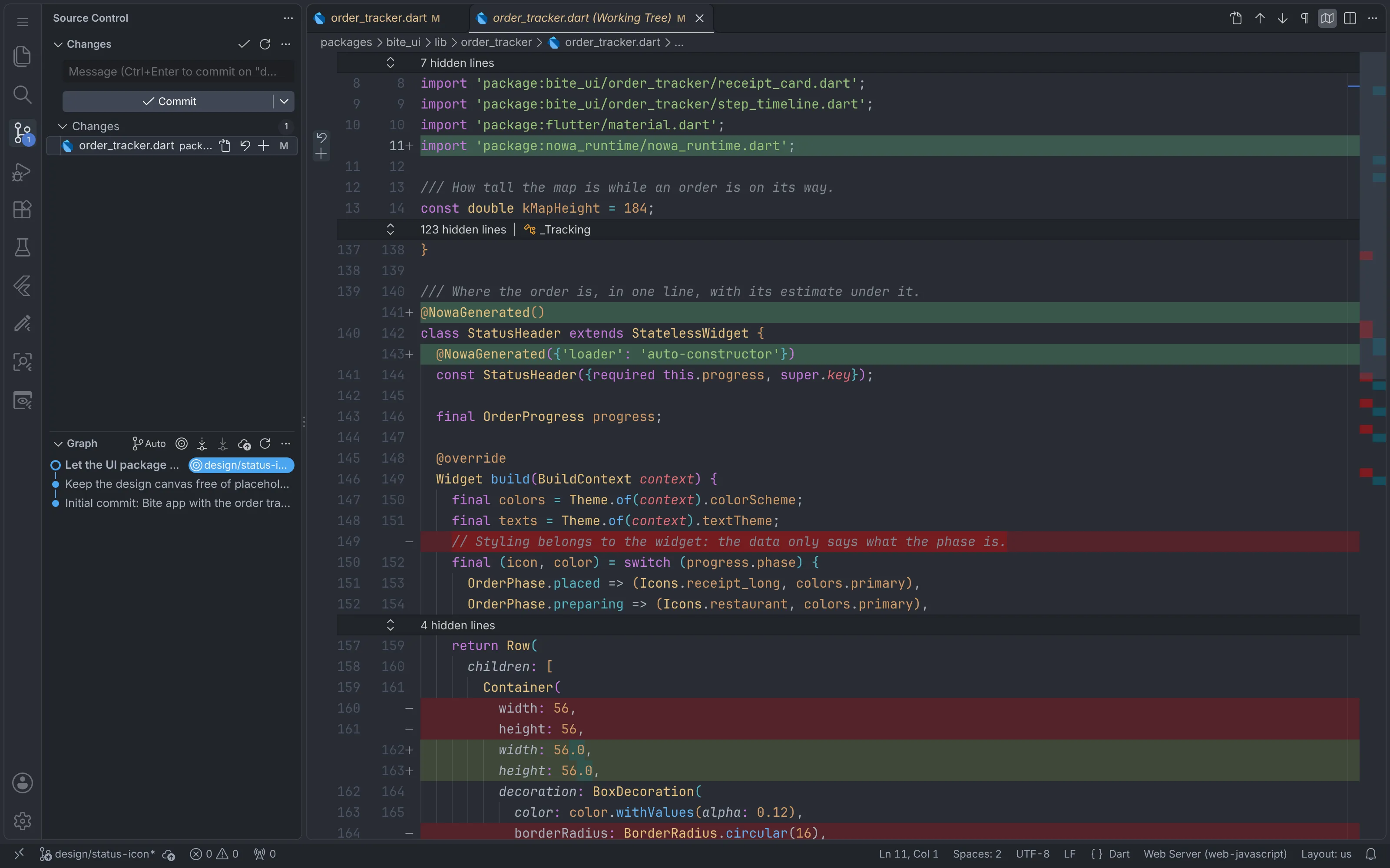 VS Code diff of a designer branch: only one file in the UI package changed. Nowa added the nowa_runtime import and @NowaGenerated annotations, and the hand-written code around it has no changes
