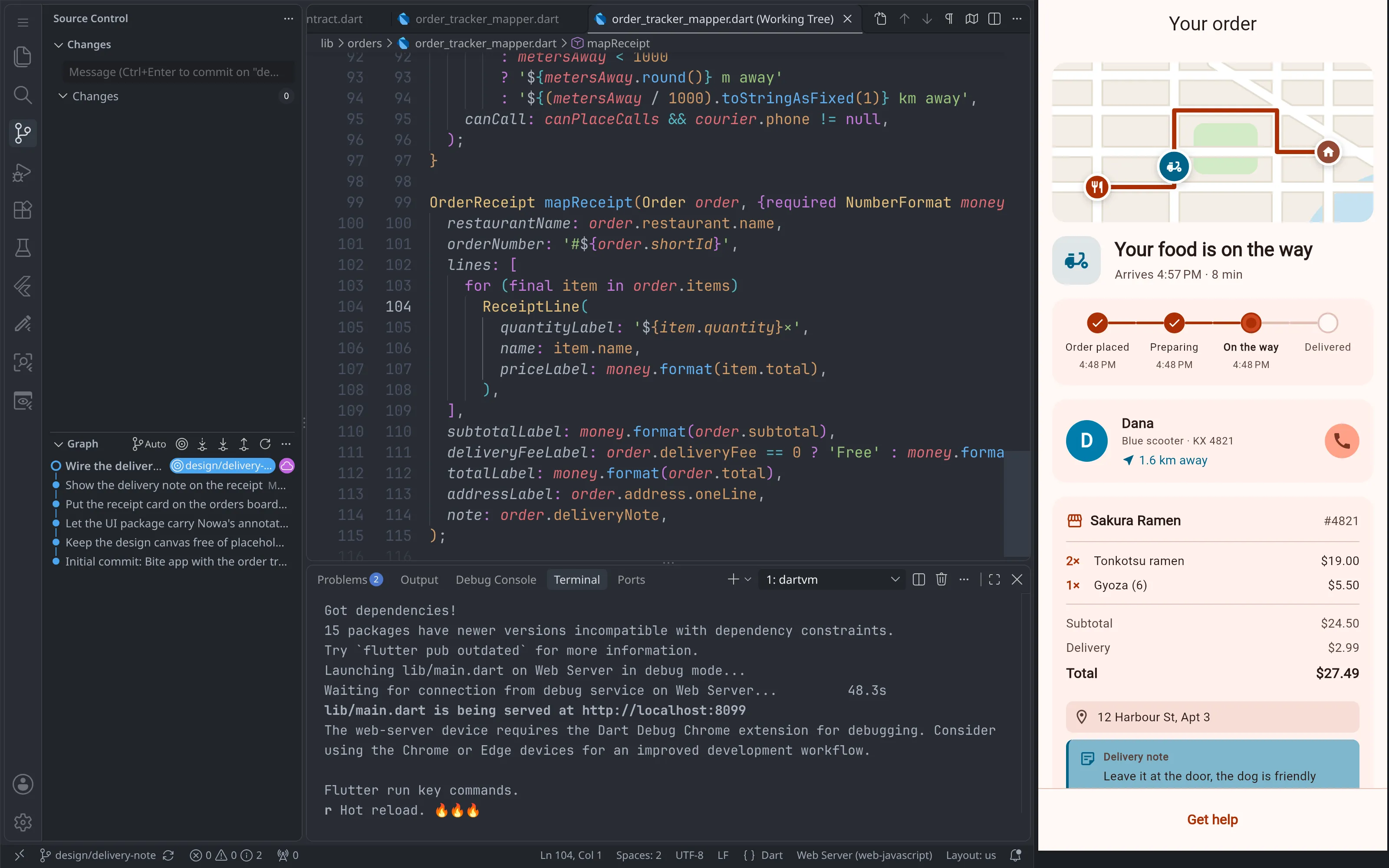 VS Code with the mapper open next to the Bite app running in the browser, Omar's simulator: the courier on the live map and the delivery note on the receipt, now coming from the order