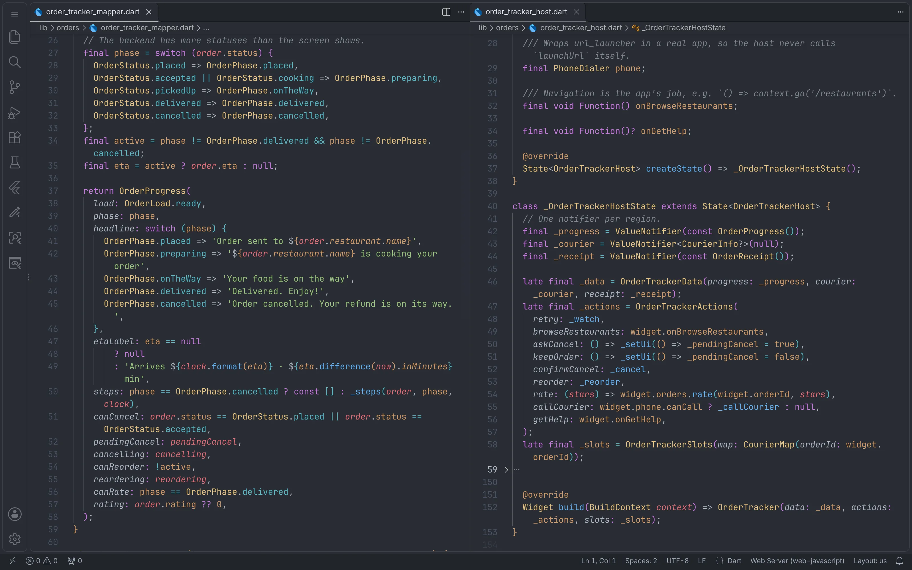VS Code split view: the mapper on the left turns backend statuses into the screen's phases and strings, and the host on the right keeps one notifier per region and builds Maya's widget in one line